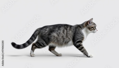 isolated black and white side view of a cat running or walking on all fours, clear, position at top, optimized for photo use, ample copy space at bottom.
