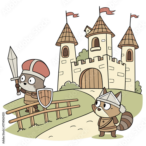 Cute cartoon raccoons dressed as knights stand guard in front of a whimsical medieval castle on a grassy hill