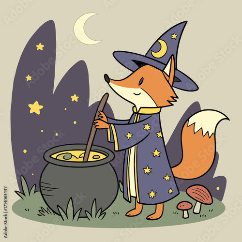 Cute cartoon fox wizard wearing a starry robe and hat stirs a bubbling cauldron under a crescent moon and starry night sky