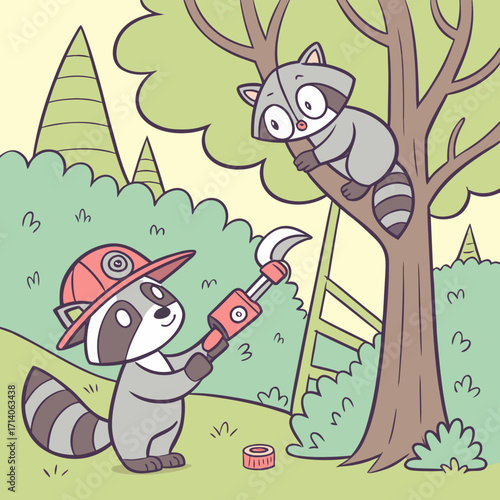 Cute cartoon raccoon wearing a firefighter helmet and holding pruning shears while another raccoon climbs a tree in a forest setting