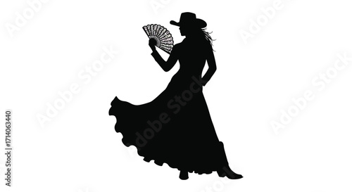 Silhouette of a woman in a traditional dress holding a fan