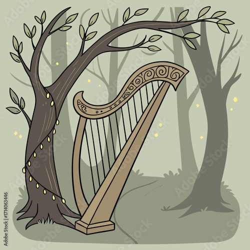 Enchanting forest scene with a wooden harp decorated with fairy lights nestled beside a tree with soft glowing orbs in the background