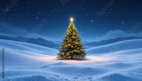 create a stunning 3d rendering of a fantastic winter landscape during christmas night, the main focus should be a beautiful christmas tree placed in the center of the image