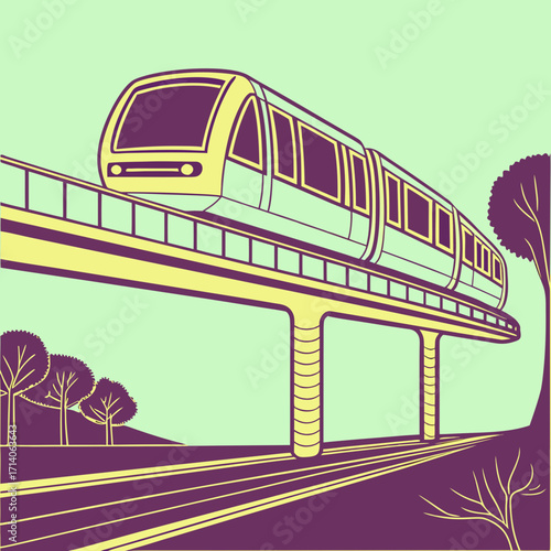 Modern elevated monorail train traveling on a futuristic track through a stylized landscape with trees and a pale green sky background