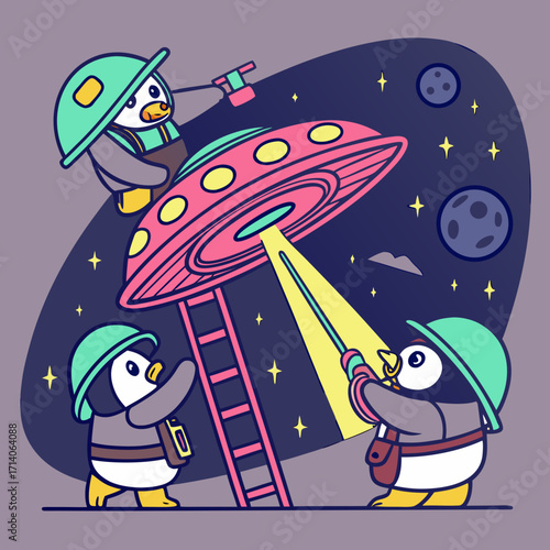 Three cute cartoon penguins in space helmets and uniforms exploring a pink flying saucer with a ladder and flashlights under a starry night sky