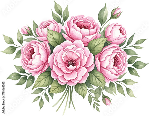 Rose bouquet features delicate pink flowers and green leaves arranged in a watercolor style on a white background, creating a gentle and romantic mood perfect for wedding or event invitations.