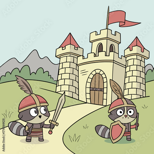 Two cute cartoon raccoons dressed as knights stand guard outside a fairytale castle holding swords and shields ready for adventure