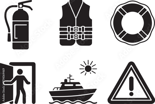 Safety icons: boat, vest, fire, exit, warning, sun