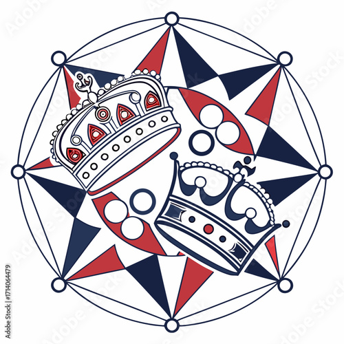 Two ornate royal crowns are artfully arranged within a circular geometric mandala design featuring red and navy blue triangular and circular elements