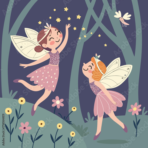 Two happy cartoon fairies with wings and flower dresses dancing in a magical forest at night reaching for glowing stars and a little bird flies nearby