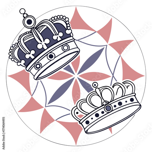 Two stylized royal crowns one larger and darker positioned above a smaller lighter crown set against a circular geometric pattern of pink and blue petals
