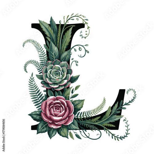 Elegant letter l adorned with lush green foliage and delicate blooming roses and succulents for botanical alphabet design