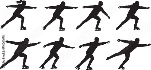 Figure skating silhouette illustration with athletes performing spins, ice dance, winter sports, balance, performance art, competition, training, graceful movement