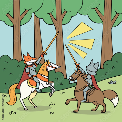 Whimsical cartoon illustration of two anthropomorphic animal knights a fox and a cat engaged in a jousting duel on horseback amidst a vibrant forest setting