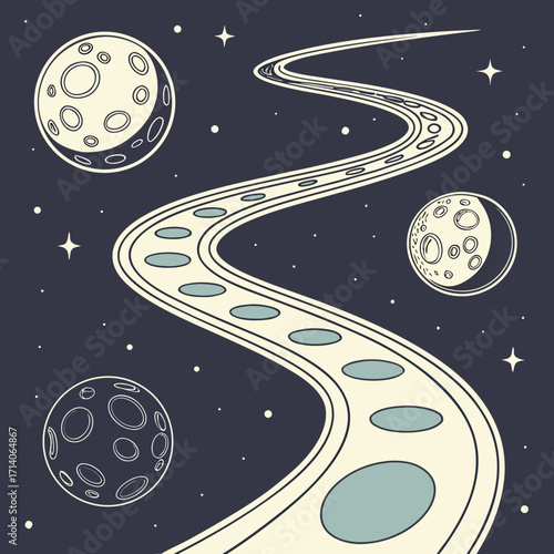 Whimsical winding space road with planets and stars illustration for cosmic adventures and celestial journeys