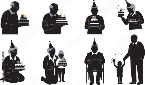 Happy birthday celebration illustration with family members, grandparents, children, party hats, birthday cake, candles, festive gathering, holiday event, celebration party