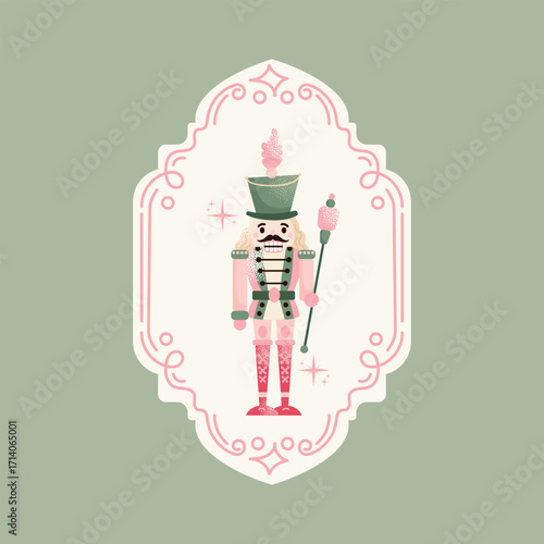 Cute Vintage Christmas Nutcracker in Decorative Frame. Flat vector illustration isolated. Winter holiday and Christmas celebration concept