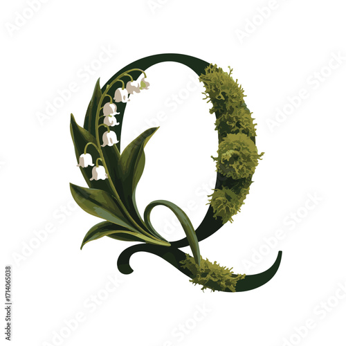 Elegant q letter adorned with lush green moss and delicate white lily of the valley flowers for a whimsical natural alphabet design