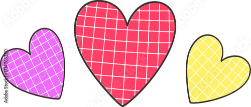 Three colorful hearts, in pink, red and yellow, stand against a clean white backdrop, each displaying a subtle grid pattern suitable for Valentine's Day promotions and graphic designs.