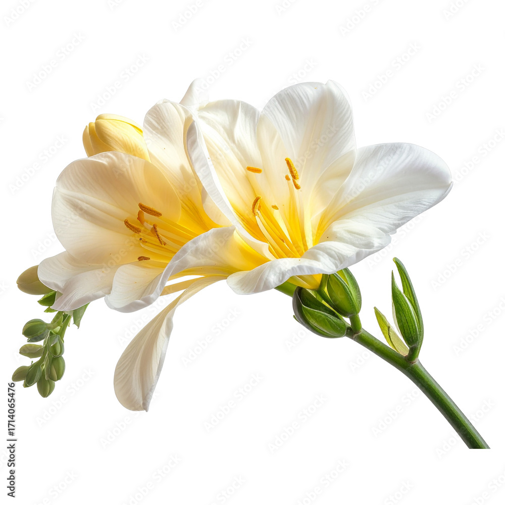 Fototapeta premium Side View of Blooming Freesia, Curved Stem and Petals, Isolated