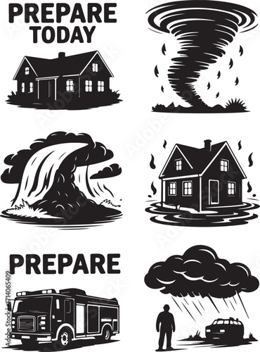 Emergency preparedness icons for home safety and disaster planning