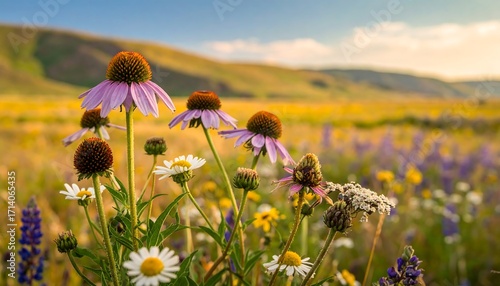 Fototapeta Naklejka Na Ścianę i Meble -  Colorful wildflowers in a meadow at sunset (1)