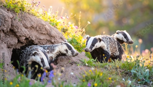Badger cubs emerging from a burrow in a sunny meadow