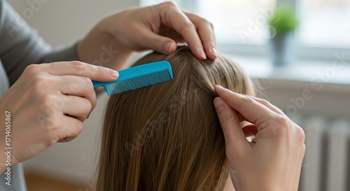 Woman styling young girl's hair with a blue comb in bright, cozy setting.
