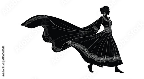Elegant woman in flowing dress a striking black silhouette image