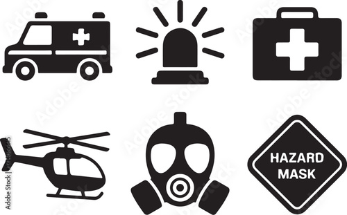 Emergency medical icons ambulance helicopter mask hazard