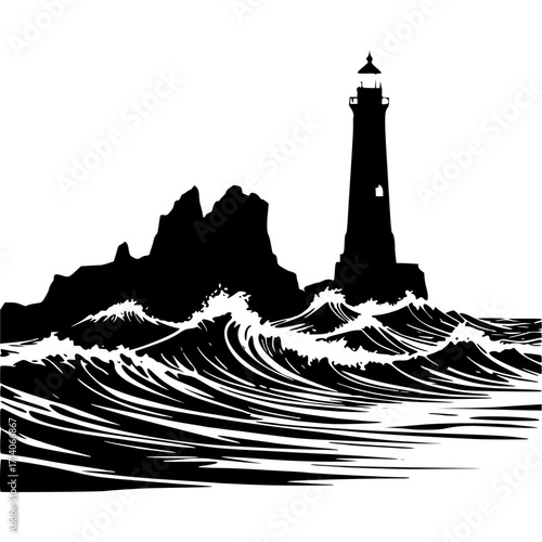 Lighthouse on rocky coast with crashing waves vector illustration art silhouette