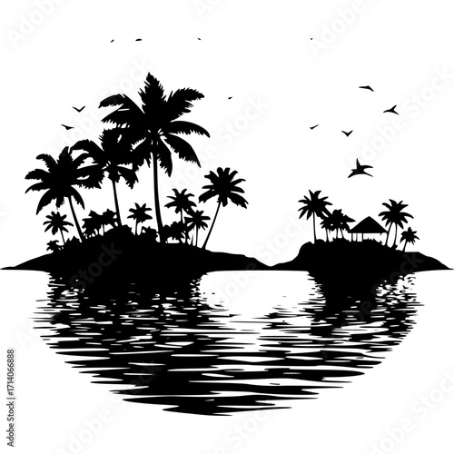 Silhouette tropical island with palm trees and ocean water reflection
