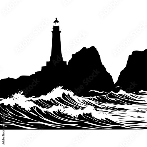 Lighthouse ocean waves rocks black and white coastal landscape scenery silhouette