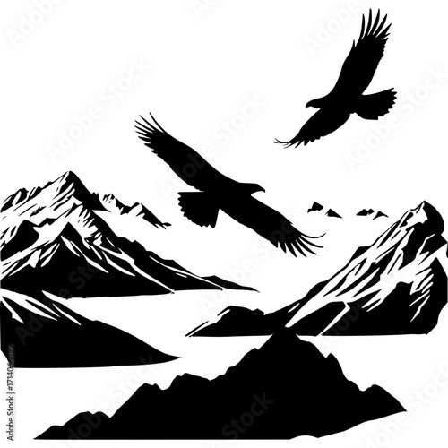 Eagle flying over mountain range vector graphic nature illustration art silhouette