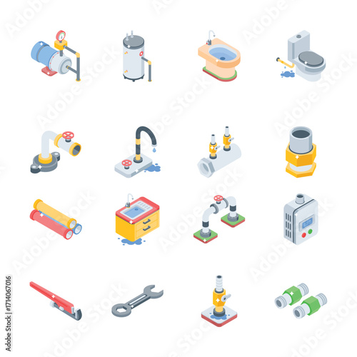 Ready to use collection of plumbing tools 3d style icons