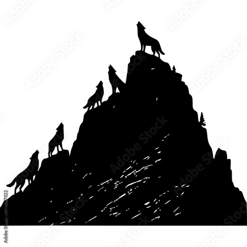 Silhouette wolves howling on mountain peak vector illustration design