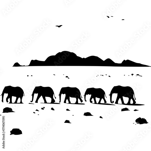 Elephant silhouette herd walking across africa wildlife safari vector art