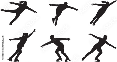 Figure skating silhouette illustration with athletes performing spins, ice dance, winter sports, balance, performance art, competition, training, graceful movement