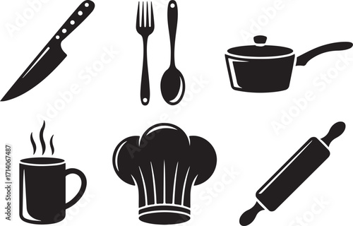 Essential kitchen tools and chef hat icons for culinary design