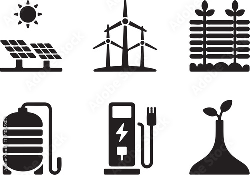 Sustainable energy icons for green innovation and clean power