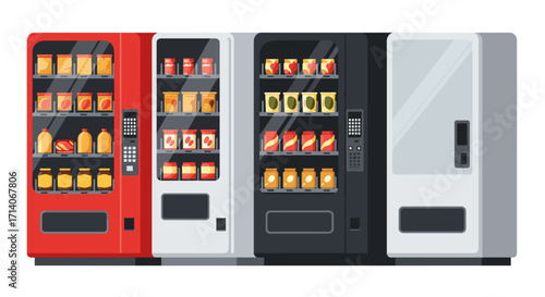 Variety of modern vending machines with snacks and drinks in flat style