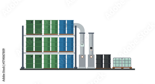 Industrial warehouse storage with metal drums and ibc containers
