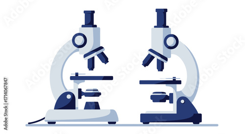 Flat design microscopes side by side with light blue accents for scientific illustrations