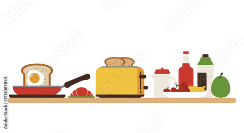 Flat style breakfast kitchen scene with toaster, eggs, and fresh ingredients