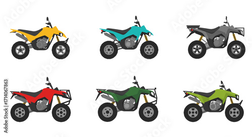 Colorful collection of six modern all terrain quad bikes in flat style