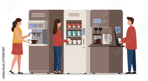 Modern coffee machines and people in a minimalistic office setting