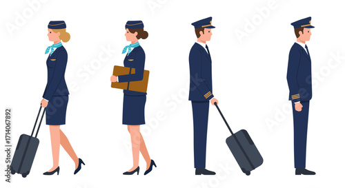 Air travel professionals in uniform walking and ready for duty