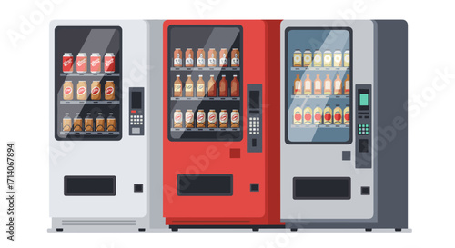 Modern beverage vending machines with assorted drinks in flat design