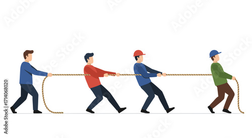 Tug of war teamwork concept with diverse characters pulling rope in linear style