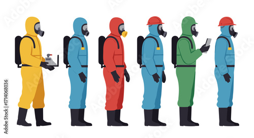 Diverse hazmat personnel in protective gear and equipment